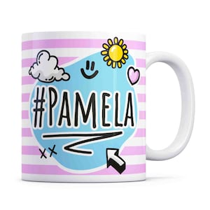 Caneca Pamela, Caneca Personalizada Alegre Rosa e Azul
