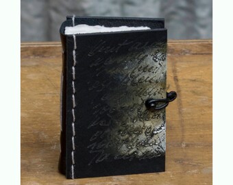 Black leather bound book "Engraved handwriting", handmade small pocket book, mini greeting card, notebook etc