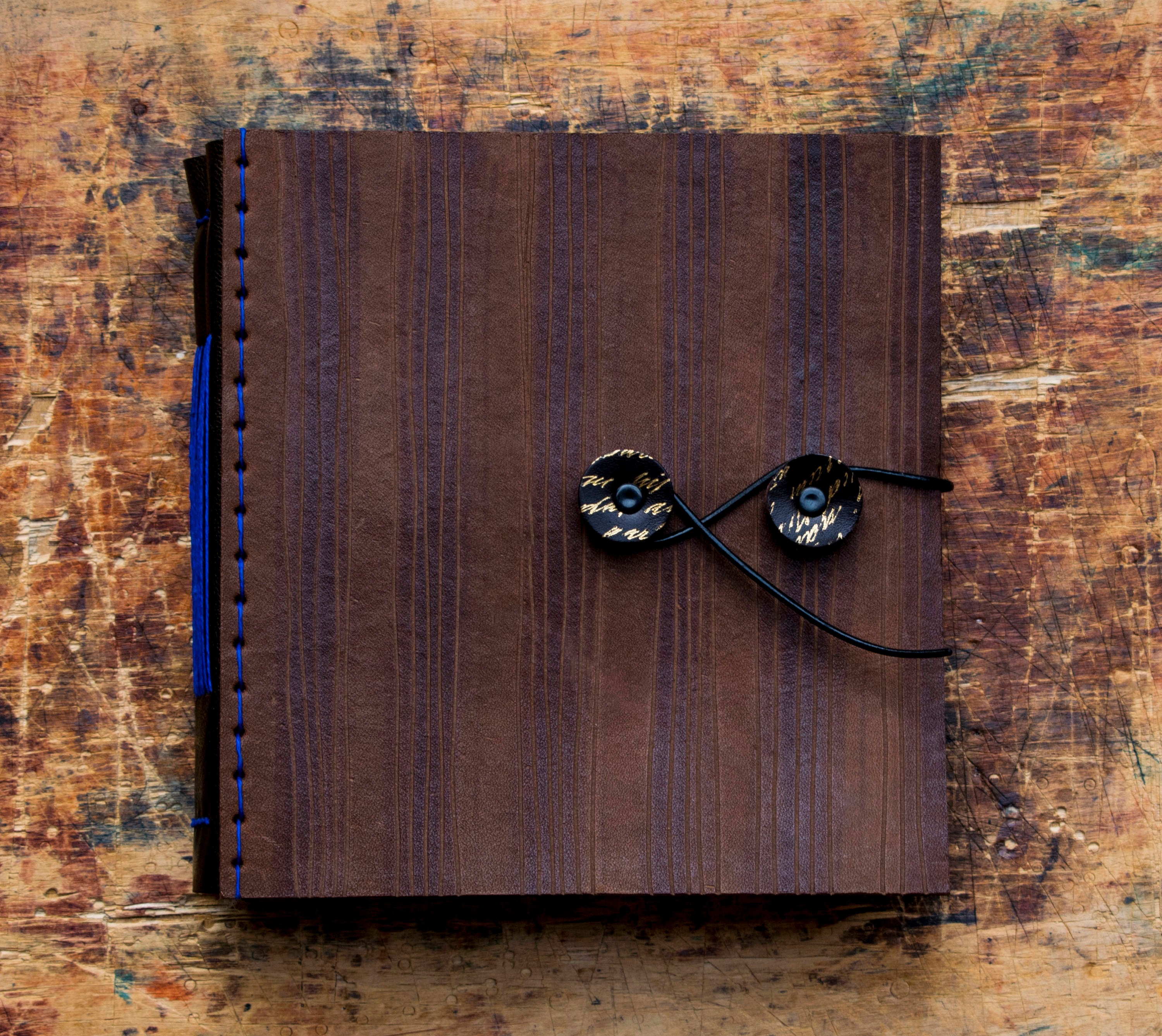 Brown Leather Bound Book stripes and Buttons With Blue Thread Stitches,  Handmade Medium Large Diary, Journal, Sketchbook, Notebook Etc 
