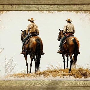 May include: A framed wall art print depicting two riders on horseback, viewed from behind. Both riders wear cowboy hats and light-colored shirts. The horses are brown with dark manes and tails, standing on a patch of dry grass with tall stalks.