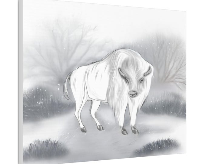 abstract white bison  snowy  winter day landscape serene magical nature contemporary trees wall art , modern western buffalo