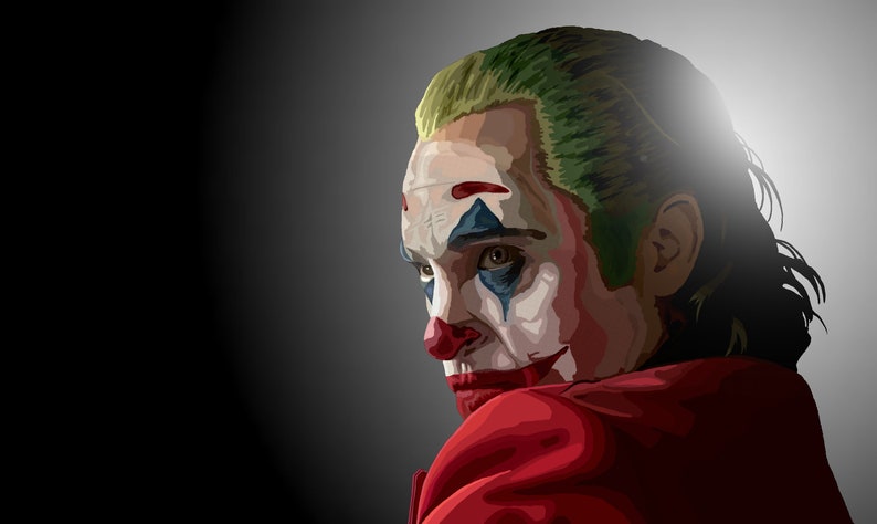 Puede incluir: Un retrato de cerca de un hombre con cabello verde y maquillaje de payaso. Lleva una chaqueta roja y mira hacia la izquierda. El fondo es un degradado gris oscuro.