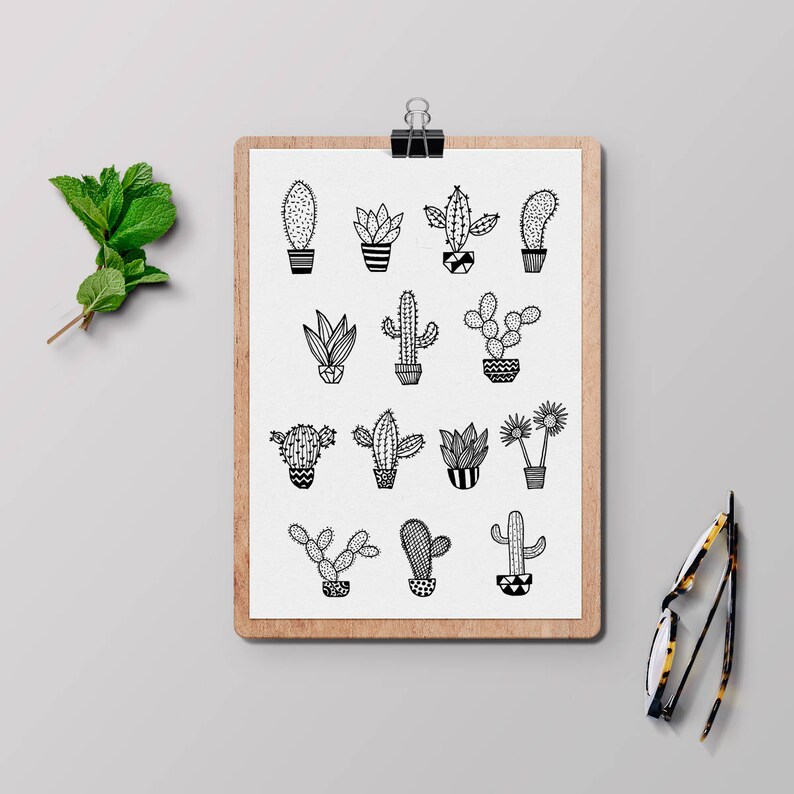 Black and White Cactus Printable. Succulent Plants. Monochrome ...