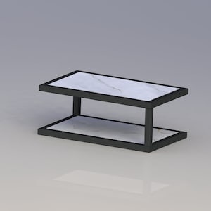 May include: A two-tiered coffee table with a black metal frame and white marble top.