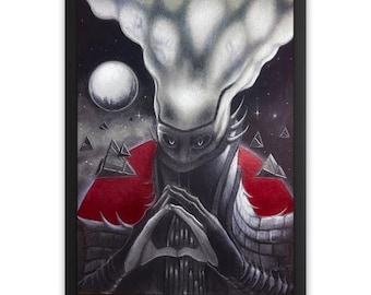 May include: Framed artwork featuring a gray alien-like figure with a large head and red accents. The figure is set against a starry background with a moon and geometric shapes. The artwork is in a black frame.