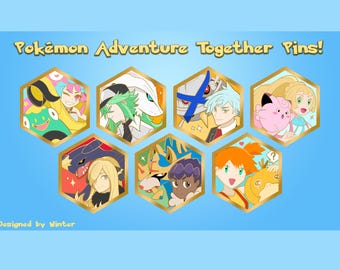 May include: A collection of hexagonal pins featuring colorful illustrations of characters from the "Pokémon" franchise. The pins have gold borders and include the text "Pokémon Adventure Together Pins!" and "Designed by Winter."