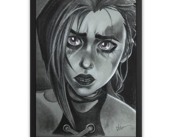 May include: A framed black and white pencil drawing of a female character with pink eyes. The character has a concerned expression and is wearing a dark top with metal ring details. The artwork is signed in the bottom right corner.