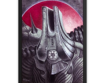 May include: Framed artwork featuring a detailed pencil drawing of a futuristic, metallic structure against a red backdrop, possibly a sunset or planet. The artwork has a dark, ominous tone, with a black frame.