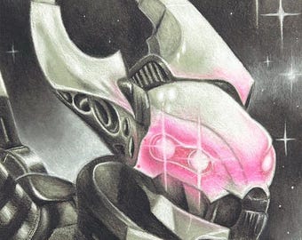 May include: A detailed pencil drawing of a futuristic robot head. The robot's head is primarily gray and white, with a pink face and glowing eyes. The background is dark with several white stars.