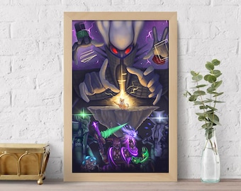 May include: A digital art print featuring a purple and green fantasy scene with a large, shadowy figure in the center. The figure is surrounded by smaller figures, some with glowing eyes and weapons. The scene is set against a dark background with lightning bolts.