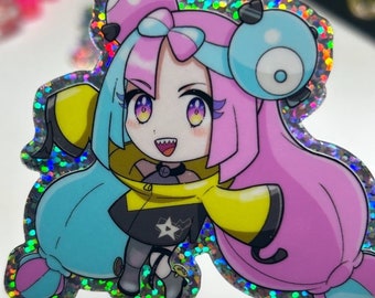 May include: A holographic sticker featuring a cartoon character with pink hair, a yellow jacket, and blue and pink balloons. The character has a black choker and a star on their jacket. The sticker has a glittery finish.