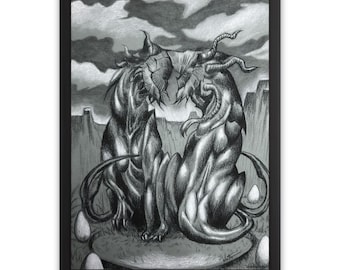May include: Black and white framed artwork featuring two mythical creatures facing each other. The creatures have horns, scales, and serpentine features. The background depicts a cloudy sky and a desert landscape. Several eggs are at the base of the creatures.