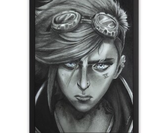 May include: Framed charcoal portrait of a person with blue eyes, wearing goggles and a jacket. The artwork is in grayscale, with a tattoo of the Roman numeral VI on the face. The portrait is set against a black background.