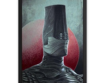 May include: Framed artwork featuring a surreal figure with a tall, cylindrical head and multiple eye-like shapes. The figure is set against a backdrop of a red orb and a muted blue-green sky. The artwork is framed in a black border.