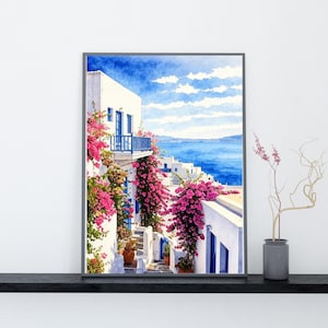 Santorini Wall Art Print – Greek Island Watercolor Painting | Mediterranean Coastal Home Décor Poster