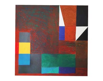 Pintura acrílica geométrica abstracta: Arte sobre lienzo de estilo retro moderno de mediados de siglo (40 x 40 cm)