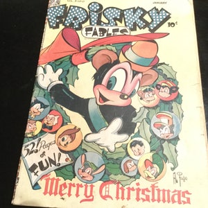 May include: Vintage "Frisky Fables" comic book cover featuring a cartoon mouse character in a black suit and a red bow. The cover includes the text "Merry Christmas" and "52 Pages of FUN!" with various cartoon characters in circular frames. The comic is dated January.