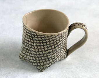 Small Ceramic Coffee Mug - White Clay Fabric Texture Mug  - Wheel Thrown Pottery Mug  - New Apartment - Housewarming Gift