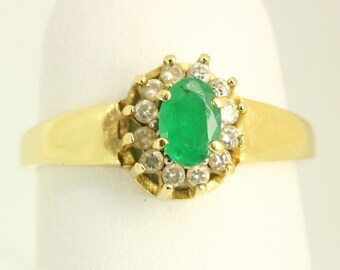14K Yellow Gold Emerald Diamond Engagement Rings Vintage - Fine Estate Jewelry - Promise Ring Size 7.5, Emerald Cocktail Ring For Woman