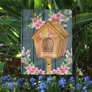Spring Bird House Cherry Blossoms Blue Wood Look image Sublimation Digital Download PNG Garden Flag
