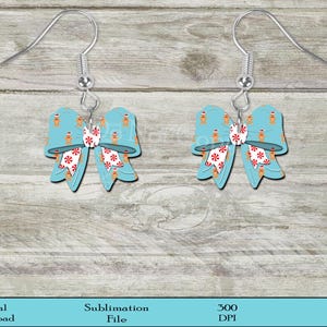 May include: A pair of blue bow-shaped earrings with a gingerbread man pattern. The earrings are 300 DPI and are a digital download sublimation file.