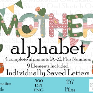 Mothers Day Alphabet, Alphabet Set, Full Alpha Set, Cactus Alpha, Doodle Letters, 157 Files, Sublimation Design, Digital Download, PNG
