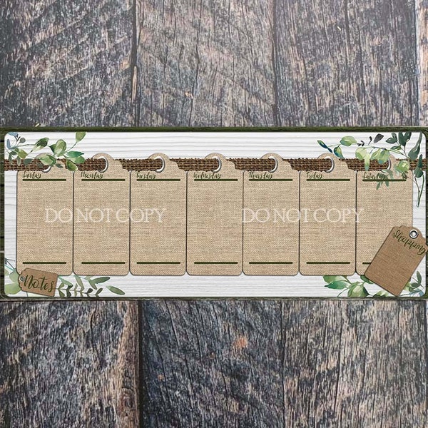 Week Calendar Eucalyptus with Green Wood Frame and Burlap Look Tags Sublimation Digital Download PNG Door Wreath Wall Hanger