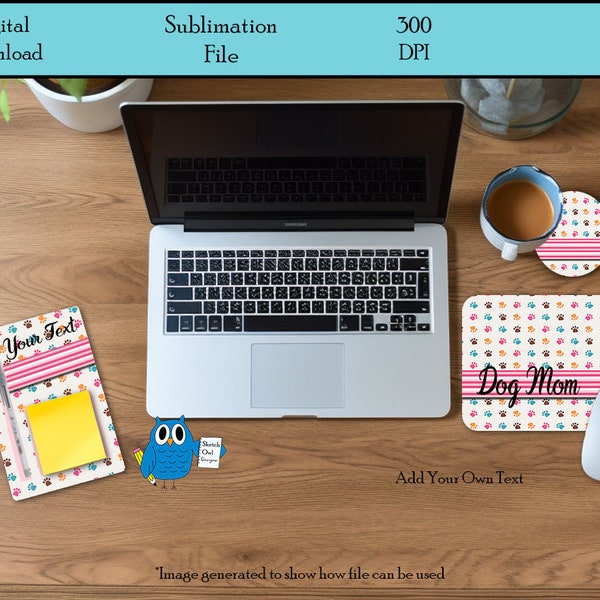 Desk Set Bundle, Note Pad Holder, Mouse Pad, Coaster, Cute Dog Paws, Pink, Office worker Gift, Digital Download, PNG, Sublimation Design