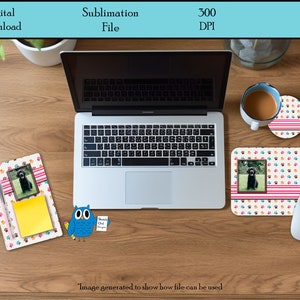 May include: A digital download of a sublimation design featuring a paw print pattern with colorful paw prints on a white background. The design includes a pink and white striped border and a space for a photo. The design is shown on a laptop, a mouse pad, a coaster, and a notepad.