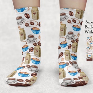 May include: A pair of white socks with a coffee cup and coffee bean pattern. The socks are designed for sublimation printing. The text on the socks reads "If you can read this, bring coffee".