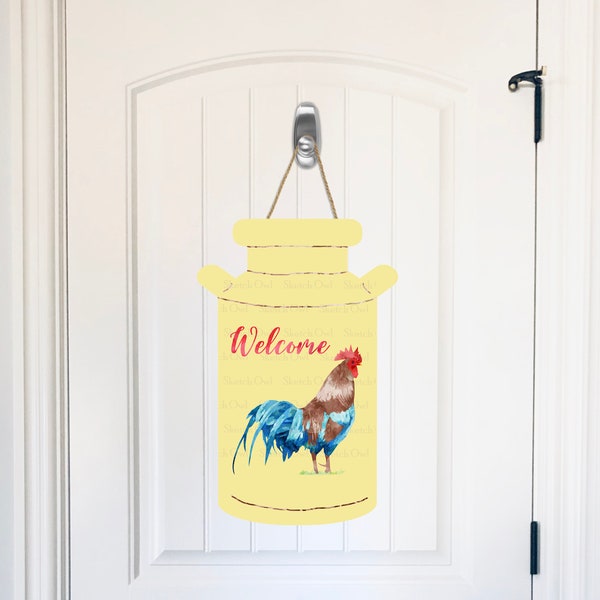 Welcome Milk Can Creamy Yellow with Rooster image Sublimation Digital Download PNG Door Wreath Wall Hanger