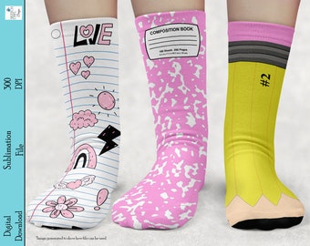 Sublimation Pink Socks Design, Teacher socks, Sock bundle, Pencil Socks, Paper Socks, Notebook Socks, Socks, Sublimation, Download, PNG