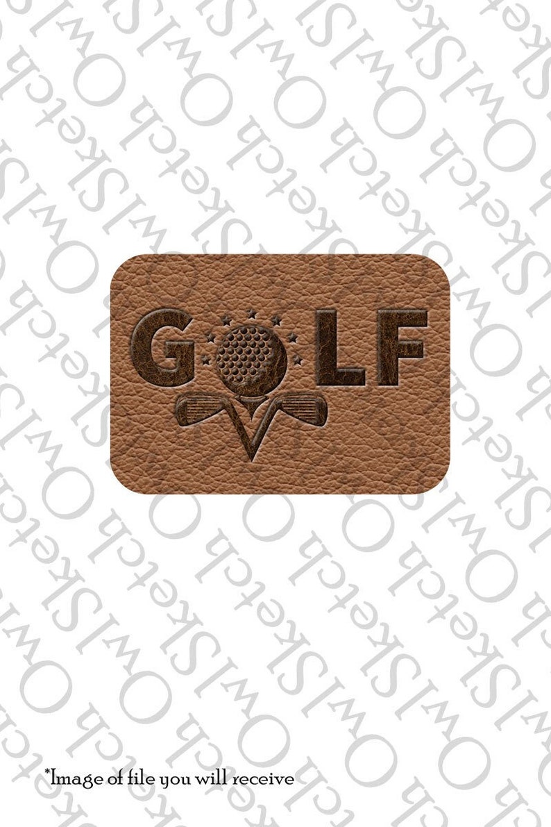 May include: A brown leather patch with the word "GOLF" embossed in brown lettering. A golf ball and two golf clubs are also embossed on the patch.