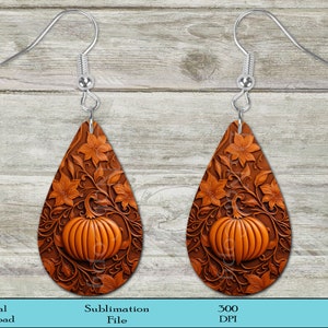 Leather Embossed Pumpkin Earrings, Drop Earrings, Leather Look, Fall Earrings, PNG, Sublimation, Sublimation Design, Digital Download