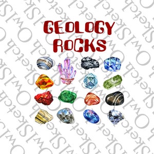 May include: A white background with the text "Geology Rocks" in red. There are 12 different types of rocks and minerals in watercolor, including amethyst, agate, and obsidian.