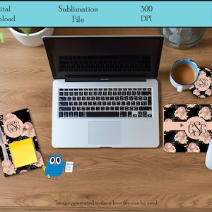 Desk Set Bundle, Note Pad Holder, Mouse Pad, Coaster, Teacher Gift, Black, Office worker Gift, Digital Download, PNG, Sublimation Design