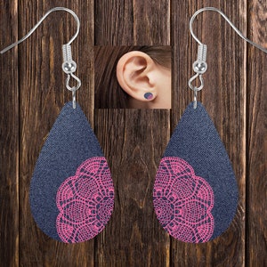 Denim and Pink Lace look Drop Earrings and Stud Digital Download