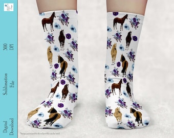 Horse Socks with flowers, Sublimation Socks Design, Equestrian Socks, Cute Socks, Sublimation, Digital Download, PNG