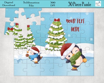 May include: A 30-piece jigsaw puzzle featuring two penguins on a winter scene. One penguin is wearing a red hat and a green scarf, and the other is wearing a red hat and holding a candy cane. There is a Christmas tree in the background. The puzzle is personalised with the text "YOUR TEXT HERE".