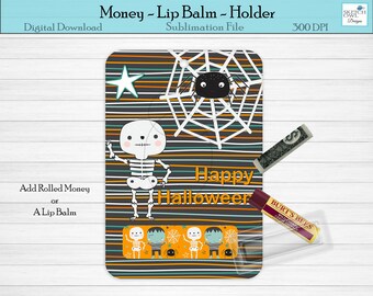 Titular de la tarjeta de regalo de Halloween, lindo regalo de Halloween, lindo esqueleto, bálsamo labial o tarjeta de regalo, sublimación, descarga digital, otoño de la granja