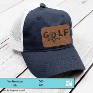 May include: A blue and white trucker hat with a brown leather patch that says "GOLF" with a golf ball and clubs graphic.