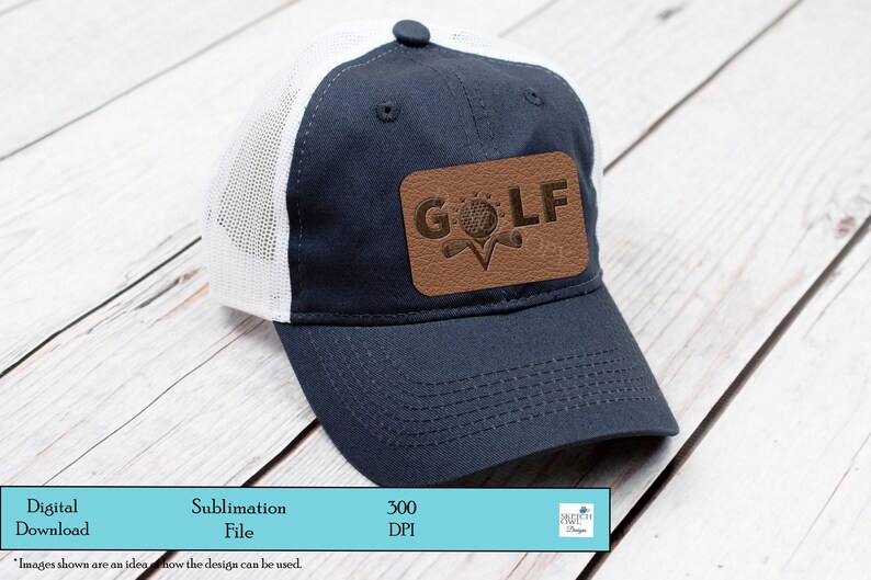 May include: A blue and white trucker hat with a brown leather patch that says "GOLF" with a golf ball and clubs graphic.