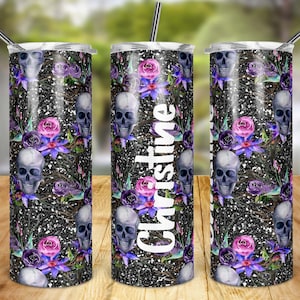 Black Glitter Skull Tumbler, Skinny Tumbler Design, Skull Tumbler, 20oz Skinny Tumbler Design, Sublimation, Digital Download, PNG