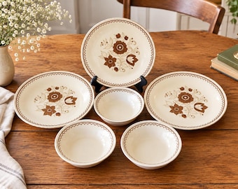 Vintage Cavalier Ironstone Dish Set | 10 Piece Floral MCM Plates and Bowls | Made in USA Retro Dining Kitchenware Collection