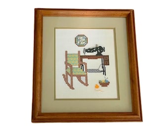 Vintage Seamstress Needlepoint Artwork: Framed MCM Wall Decor, Gift For Friend, Sewing Room