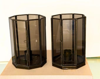 Vintage Scandinavian Brass & Smoke Glass Candlestick Holders: Hinged Doors, MCM, Octagonal, Set Of 2
