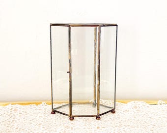 Vintage Hexagonal Brass Glass Curio Case | 6 Sided Ball Footed Terrarium Box | Hollywood Regency Tabletop Display Case