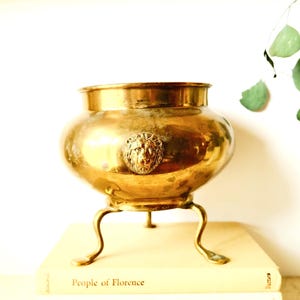 Vintage Solid Brass Footed Planter: Lion Head MCM Accent