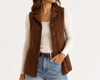 Vintage Tog Shop Faux Suede Vest with Tortoise Buttons | Retro Waistcoat | Lightweight Layering Statement Piece