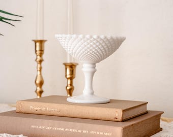Vintage Westmoreland English Hobnail Milk Glass Scalloped Pedestal Compote Bowl |  Vanity Decorative Catch-All Dish | Bookshelf Planter